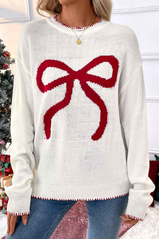 White Sweet Bow Long Sleeve Knit Sweater df4ee661dfddce47