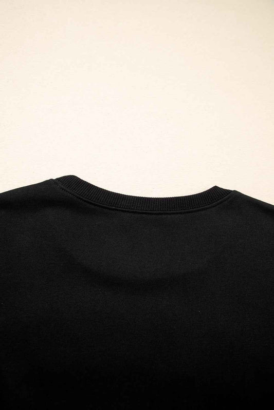 Black CLASSY UNTIL KICKOFF Plush Letter Patched Loose Sweatshirt df4f8f3af2b922cb