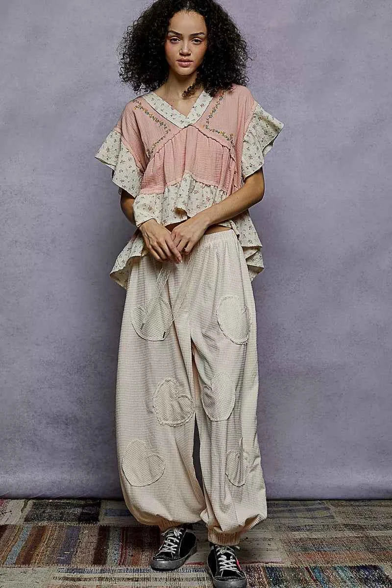 POL Floral V-Neck Short Sleeve Ruffled Double Gauze Blouse with Embroidery Detail df503d71-c993-4002-b680-f799b2a972d0-Max-Origin