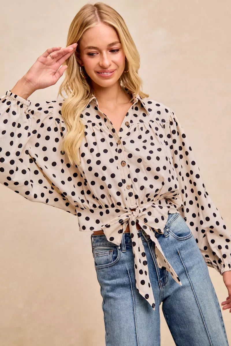 BiBi Polka Dot Print Tie Hem Detail Crop Shirt df50598431ca42d987329362408068cf-Max-Origin