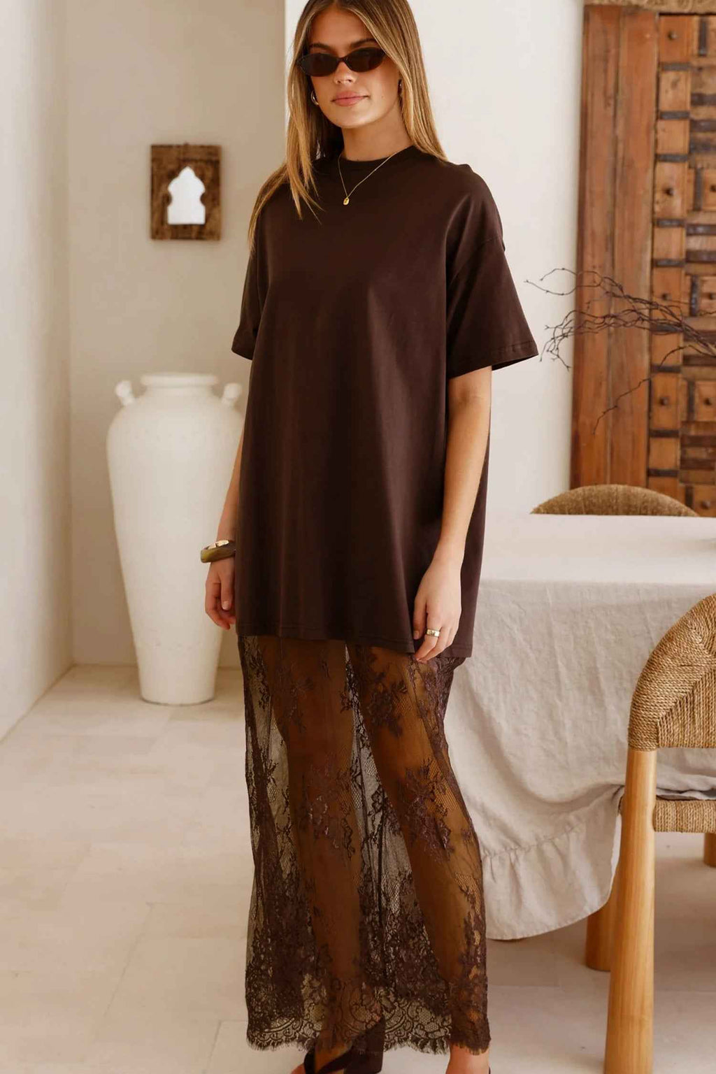 Red Sandalwood Floral Patchwork Short Sleeve T Shirt Loose Maxi Dress df5114149f3cec6e