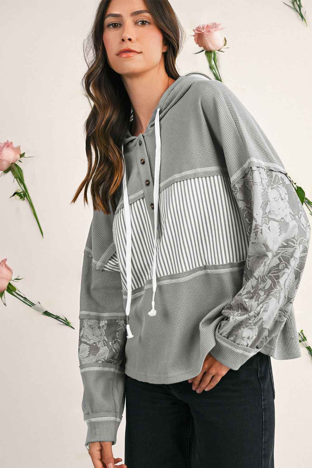 White Waffle Printed Patchwork Drawstring Hooded Long Sleeve Top df54134c992862c3