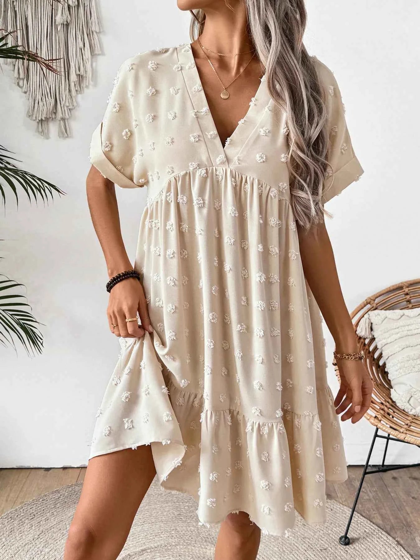 Ruffled Hem Swiss Dot Mini Dress Beige df55ebba05da4b44928d3c9eded731e3-Max-Origin