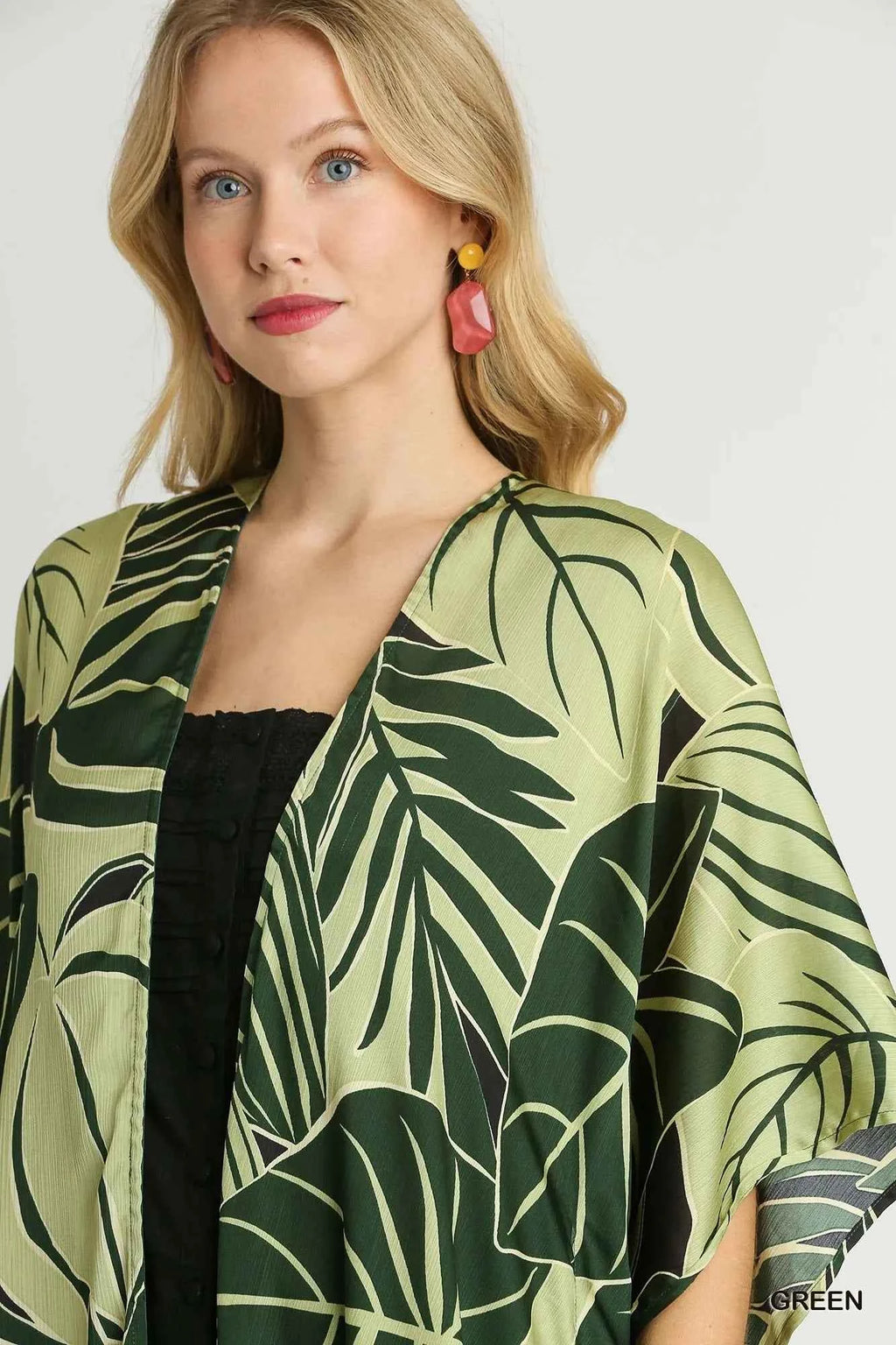 Umgee Satin Tropical Plant Print Open Front Kimono with Ruffle Details df56dada-64e5-48b7-950d-d987bded12ca-Max-Origin