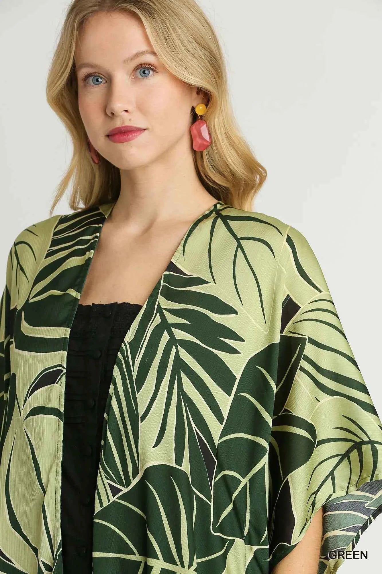 Umgee Satin Tropical Plant Print Open Front Kimono with Ruffle Details df56dada-64e5-48b7-950d-d987bded12ca-Max-Origin