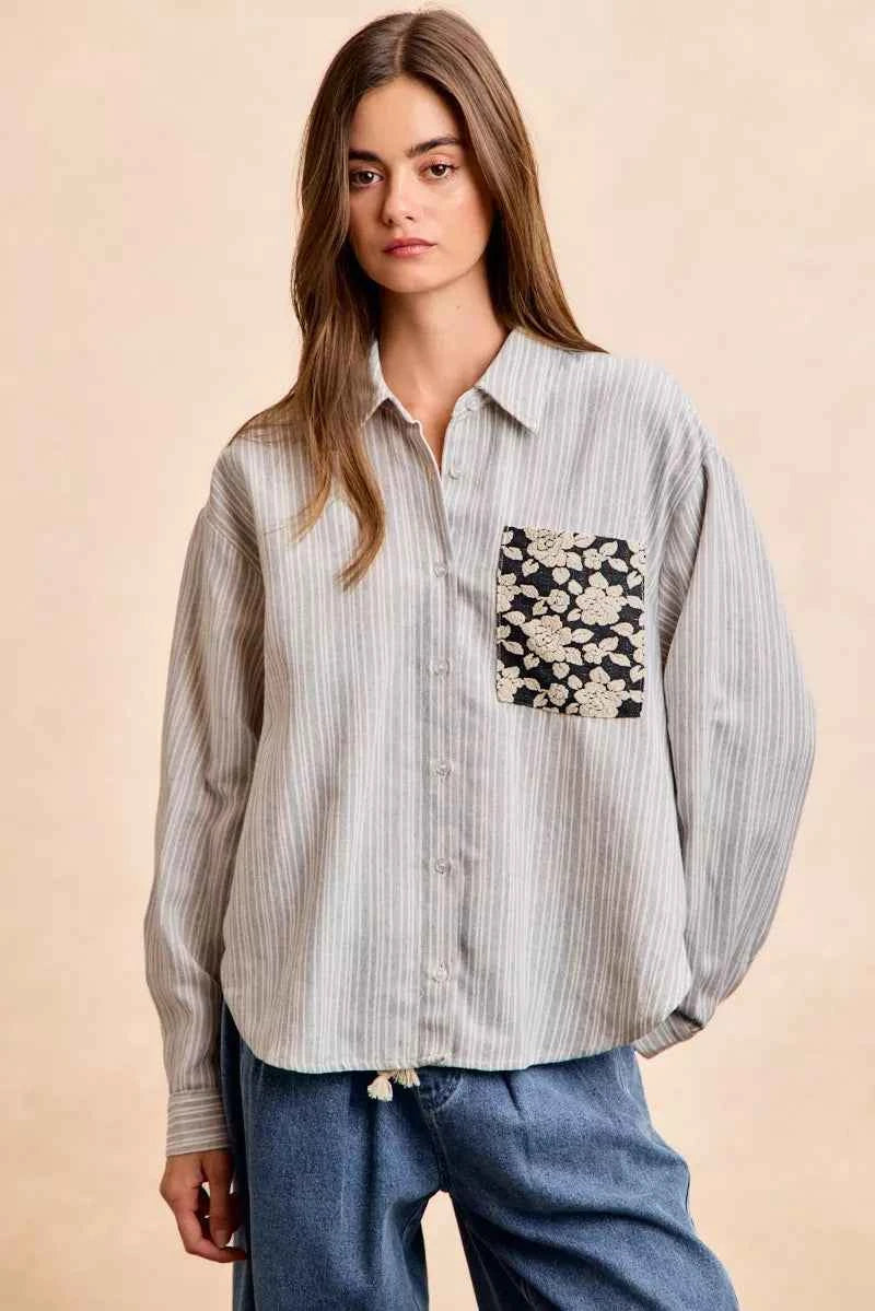 BiBi Flower Jacquard Knit Patch Pocket Stripe Shirt GREY BLACK df5bdabc029c425e8200b5b32988443b-Max-Origin