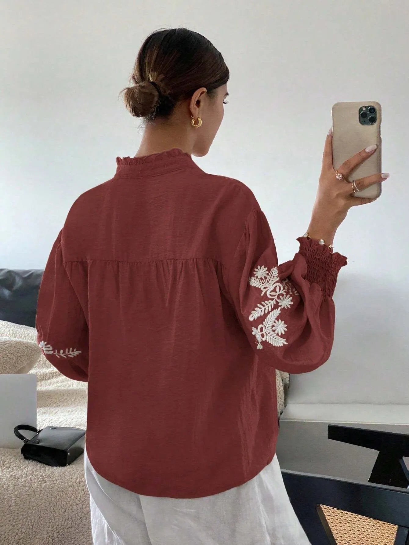 Embroidered Lantern Sleeve Blouse df5ceb52-a708-42ba-8bcd-47c96312669e-Max-Origin