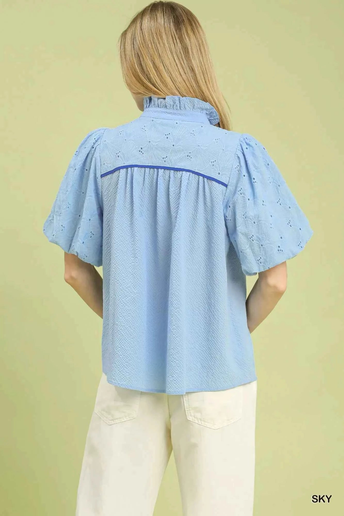 Umgee Puff Sleeve Eyelet Mix Top with Contrast Piping df5e2a54-7a48-496f-9338-1e2d51b49ef1-Max-Origin
