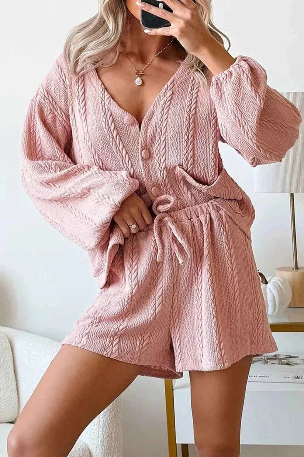 Cable Knit V Neck Cardigan and Shorts Set df651d8f-6192-44de-ae01-21a096c100ca-Max-Origin