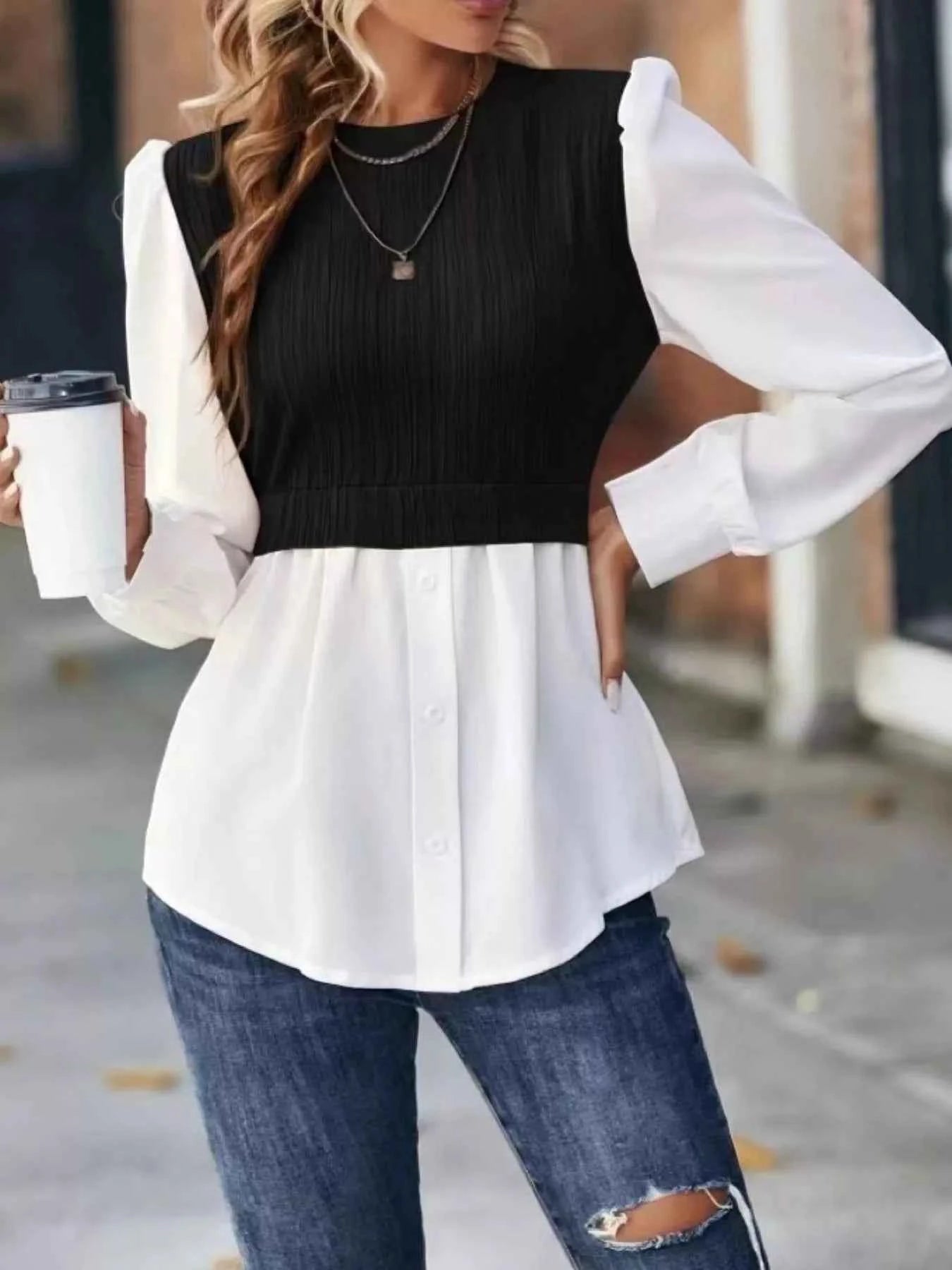 Color Block Long Sleeve Blouse df675990-6846-48b0-8e9c-40d901f4d828-Max-Origin