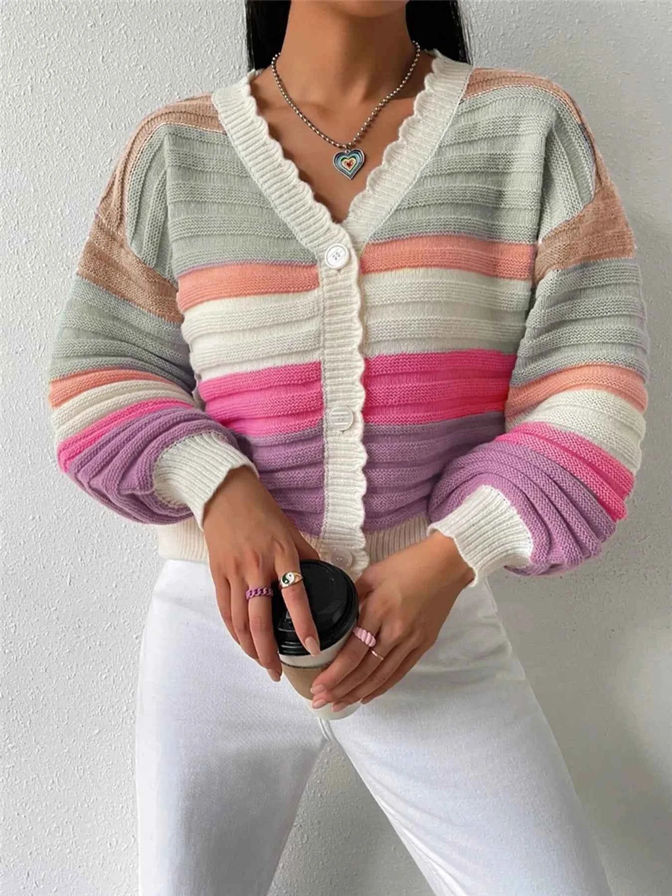 Rainbow Striped Cropped Cardigan with Balloon Sleeves
