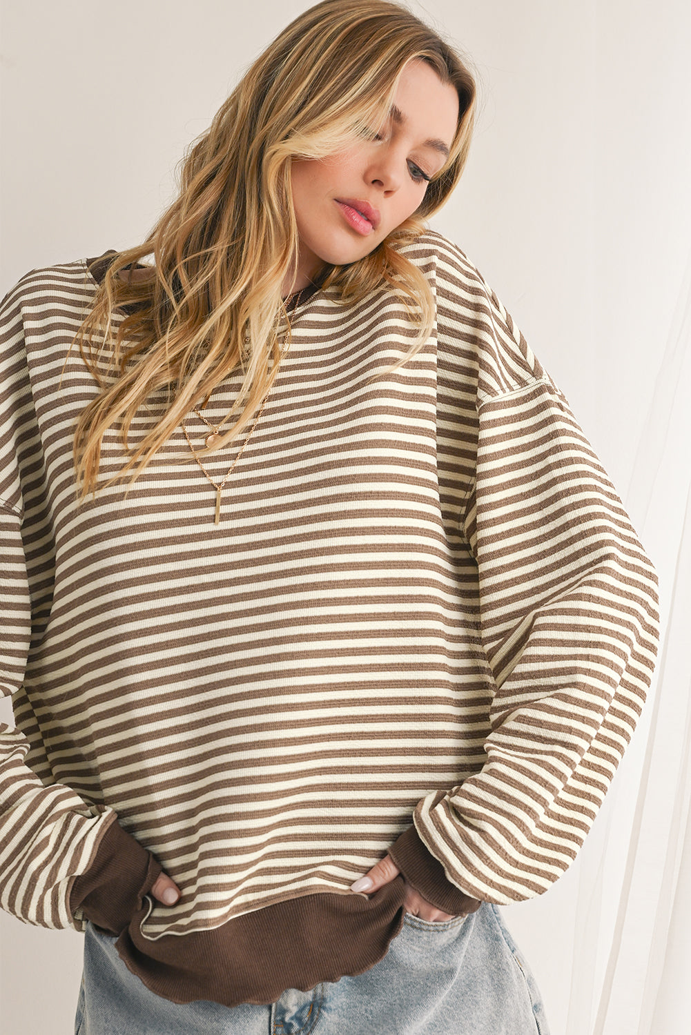 Brown Stripe Drop Shoulder Long Sleeve Top df8063bc77b38400