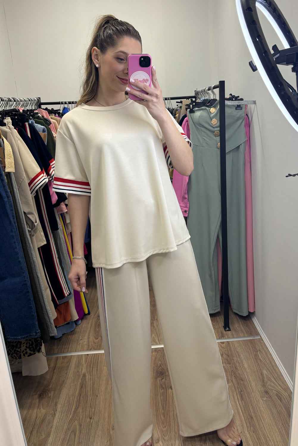 Jet Stream Contrast Striped Trim Crewneck T Shirt Loose Straight Pants Set df833ac91e83bd8c