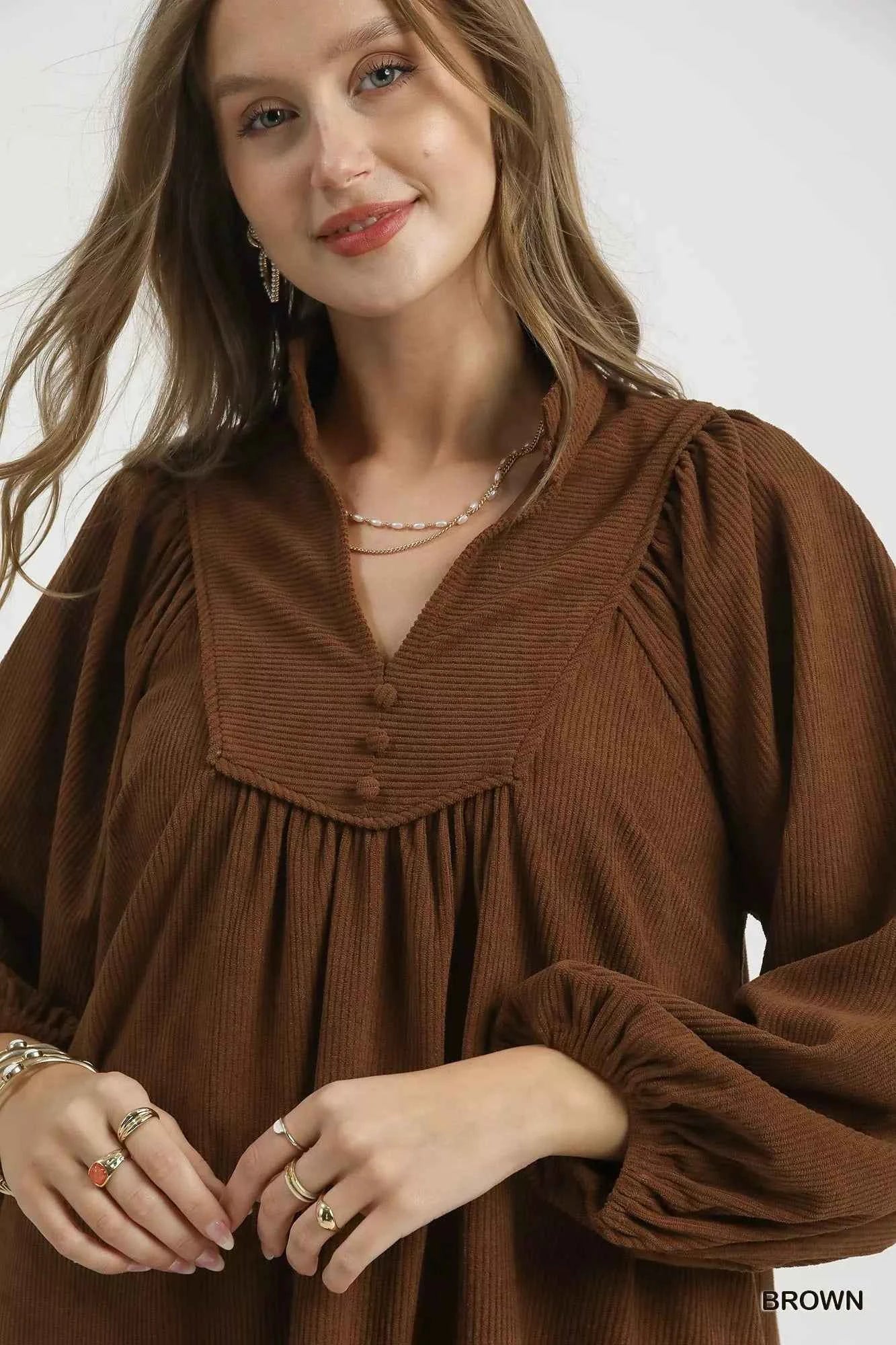 Umgee Corduroy Tiered Babydoll Dress df843371-9cbc-4000-a2b7-0e848b25a6f0-Max-Origin