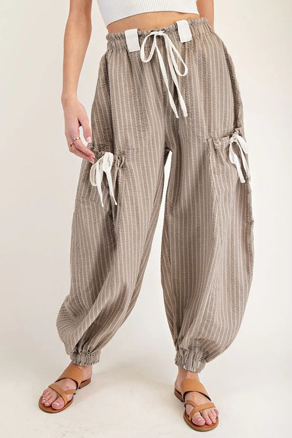 Brown Striped Pocket Knot Detail Lantern Pants df8628811ae21a86