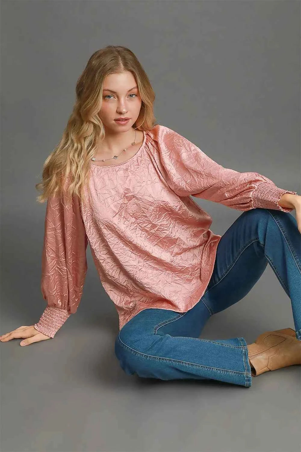 Umgee Wrinkled Round Neck Lantern Sleeve Blouse df86715d-cf10-46d8-956f-f379ce3e8a94-Max