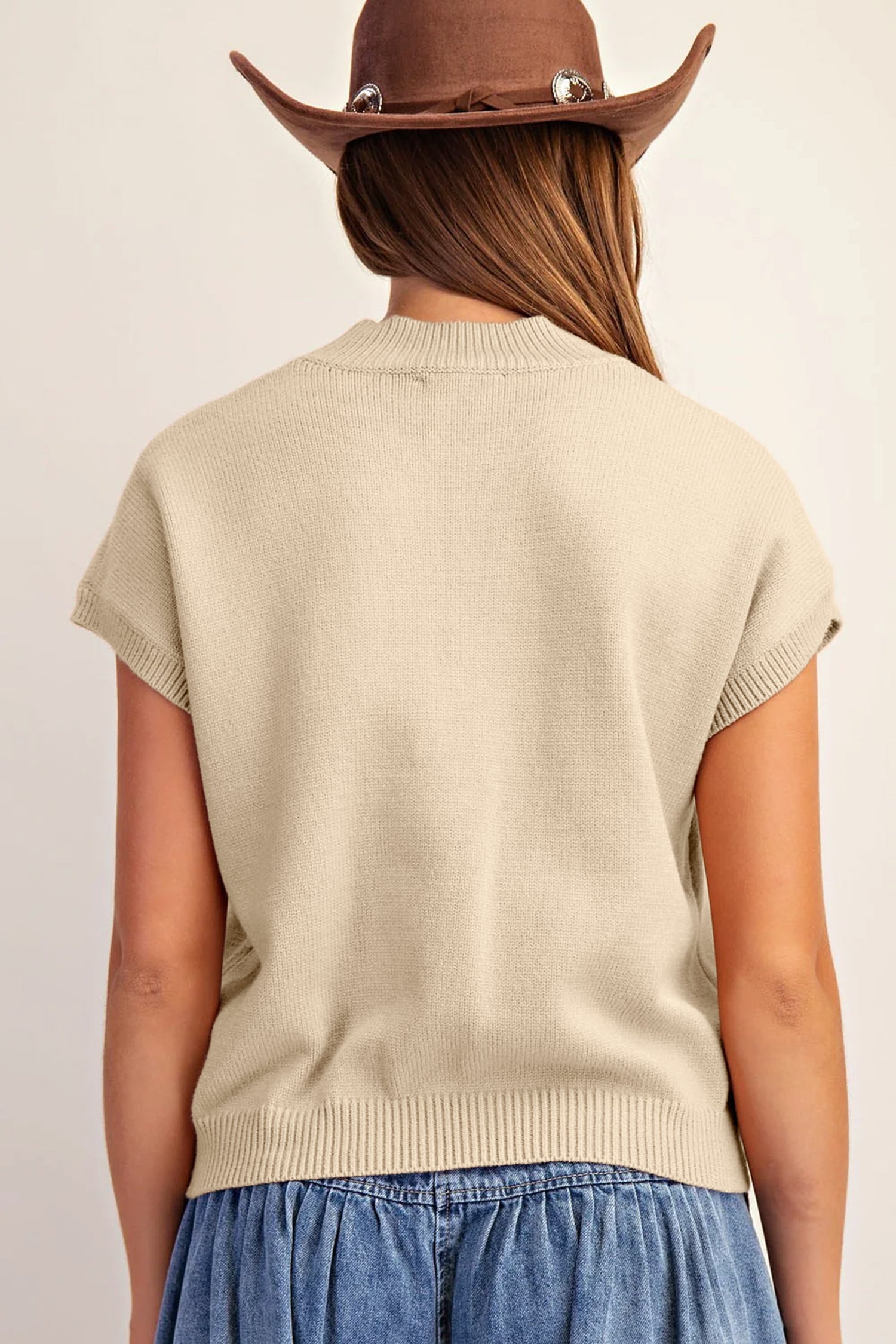 Parchment Corded Horseshoes Ribbed Trim Mock Neck Short Sleeve Sweater df8cddd4cdacaffd