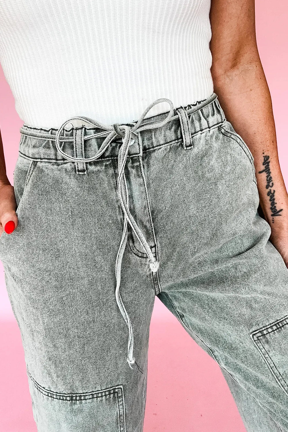 Smoke Gray Acid Wash Barrel Fit Denim Pants with Waist String df8f848c8aa26dee