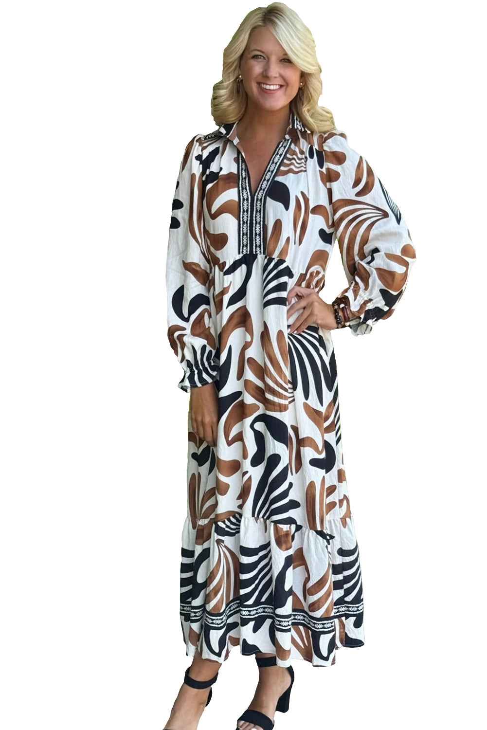 Brown Tropical Print Contrast Trim Neck Long Sleeve Ruffle Hem Dress df90175ae2fb1e1e