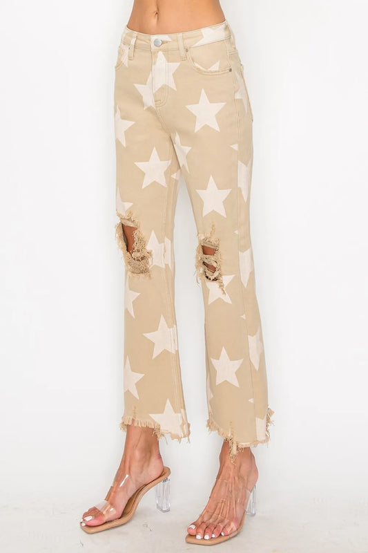 Full Size High Rise Star Printed Frayed Hem Jeans df9adf2b-05bc-470b-937b-2e119c6f5bc5-Max
