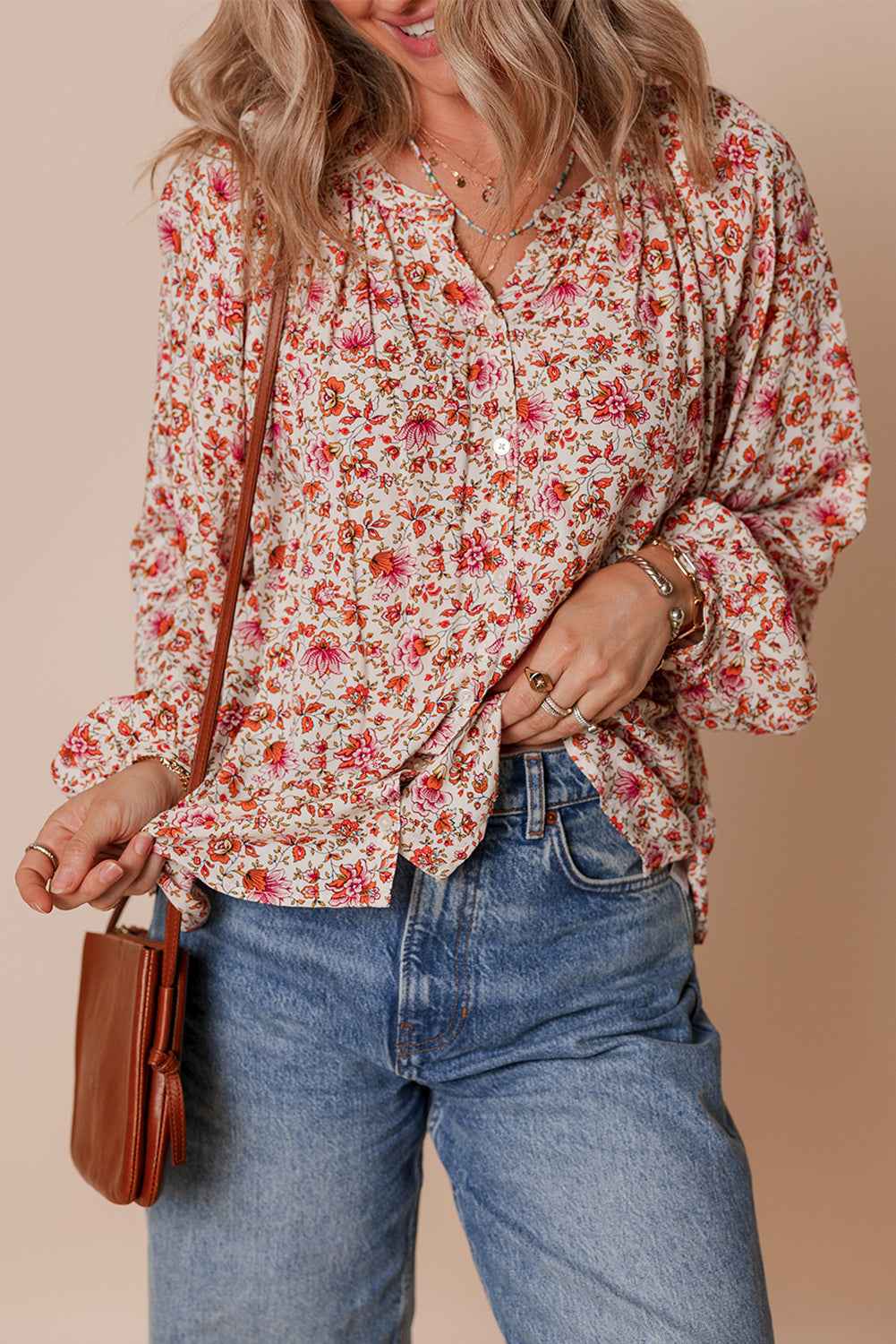 Red Floral Print Pleated Detail Notched Neck Puff Sleeve Blouse dfa5291e3117b8ef