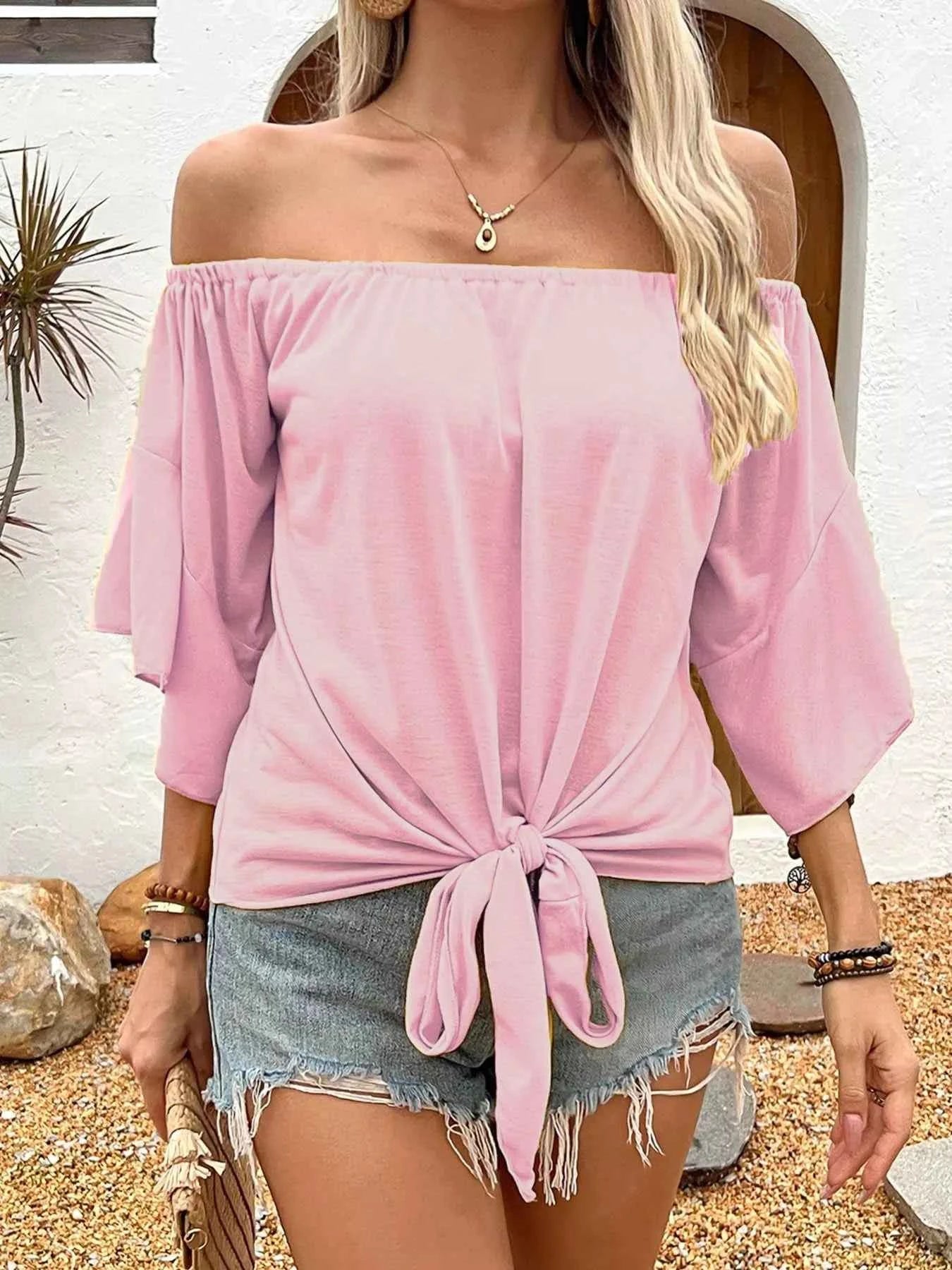 Off-Shoulder Tie-Front T-Shirt dfa6be70b9fd4553a768b371272b409c-Max-Origin
