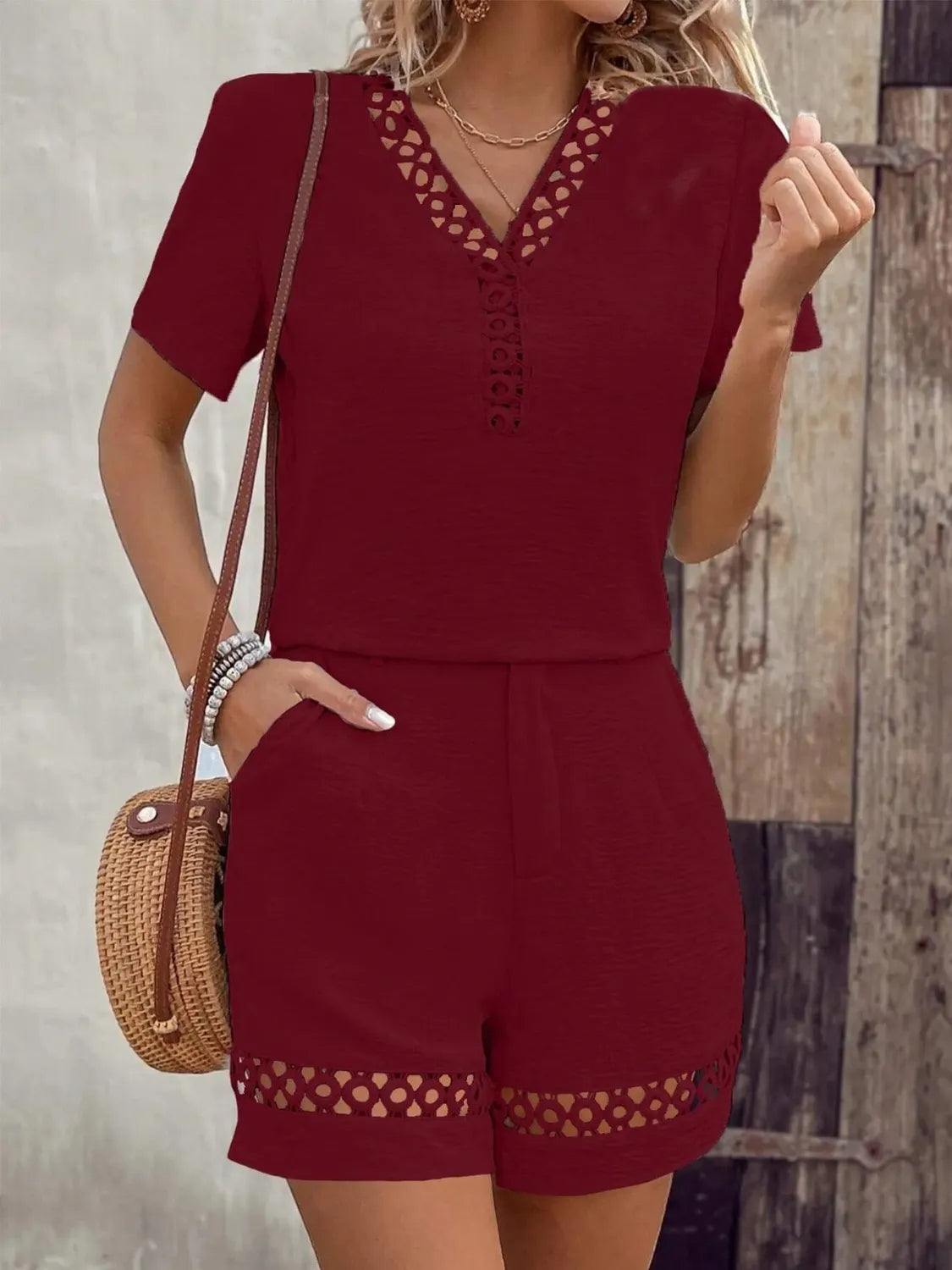 V Neck Short Sleeve Top and Shorts Set Burgundy dfa717b5-6f03-4ec6-b8d6-8439bcf4c903-Max-Origin