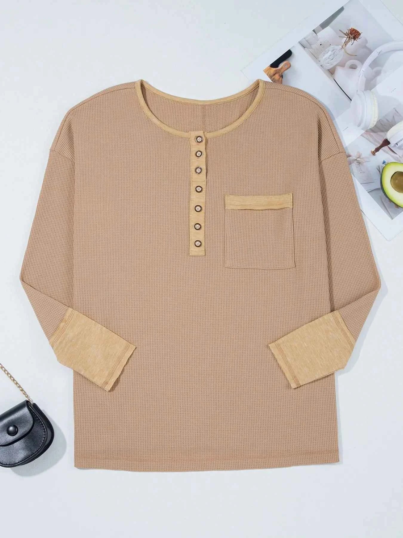 Waffle Textured Tunic Henley Top with Slits dfa93213-393c-4c69-a691-c05b00dd3731-Max-Origin