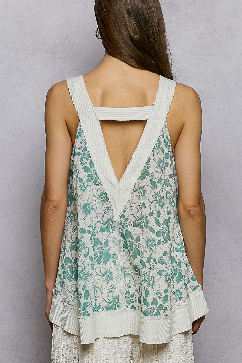 POL Floral V-Neck Tank with Front Pocket dfad9acb-7dc4-47c6-9789-fd099f9ab507-Max
