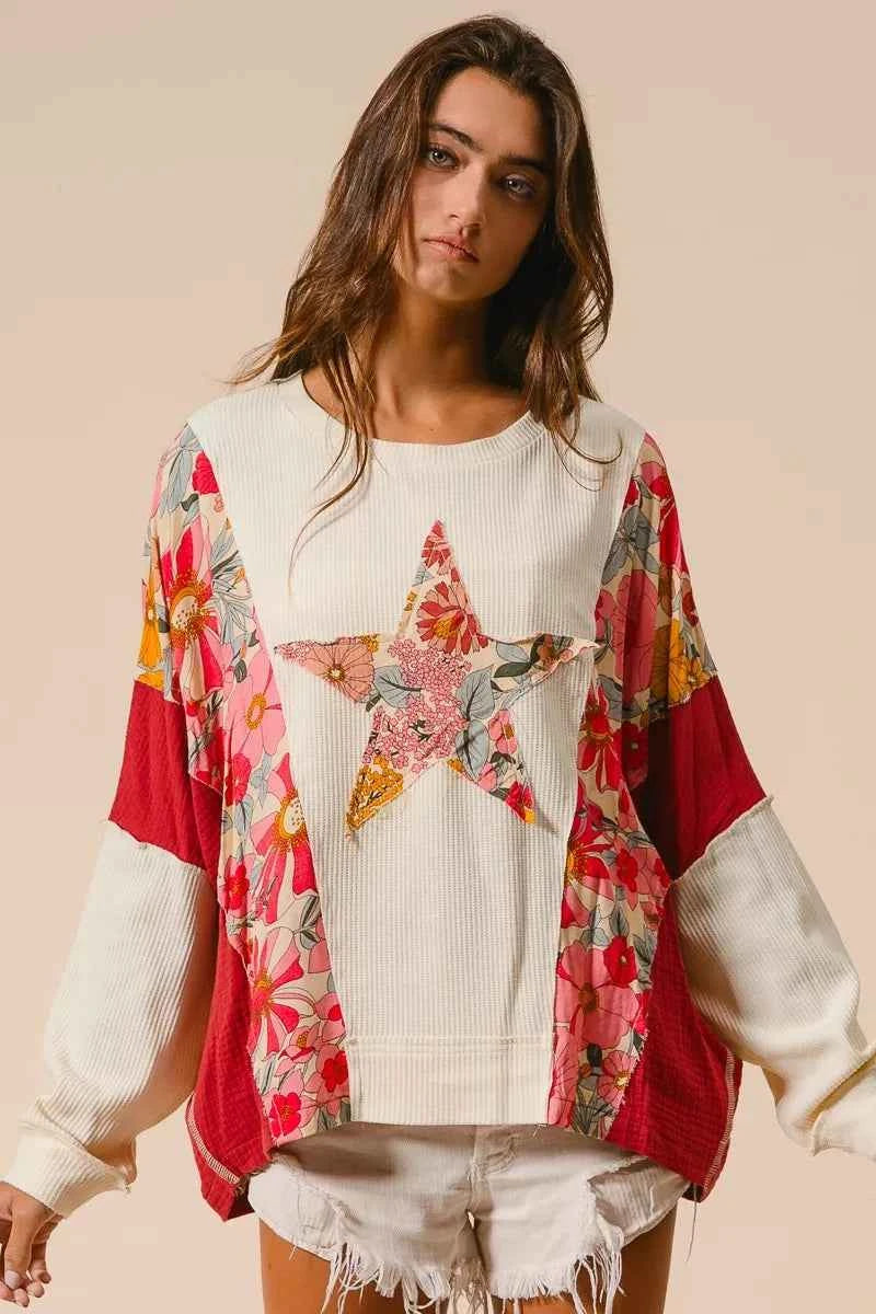 BiBi Floral Print Mixed Star Patch Round Neck Sweatshirt dfb093b007cd4c72a22424047441fbcc-Max-Origin