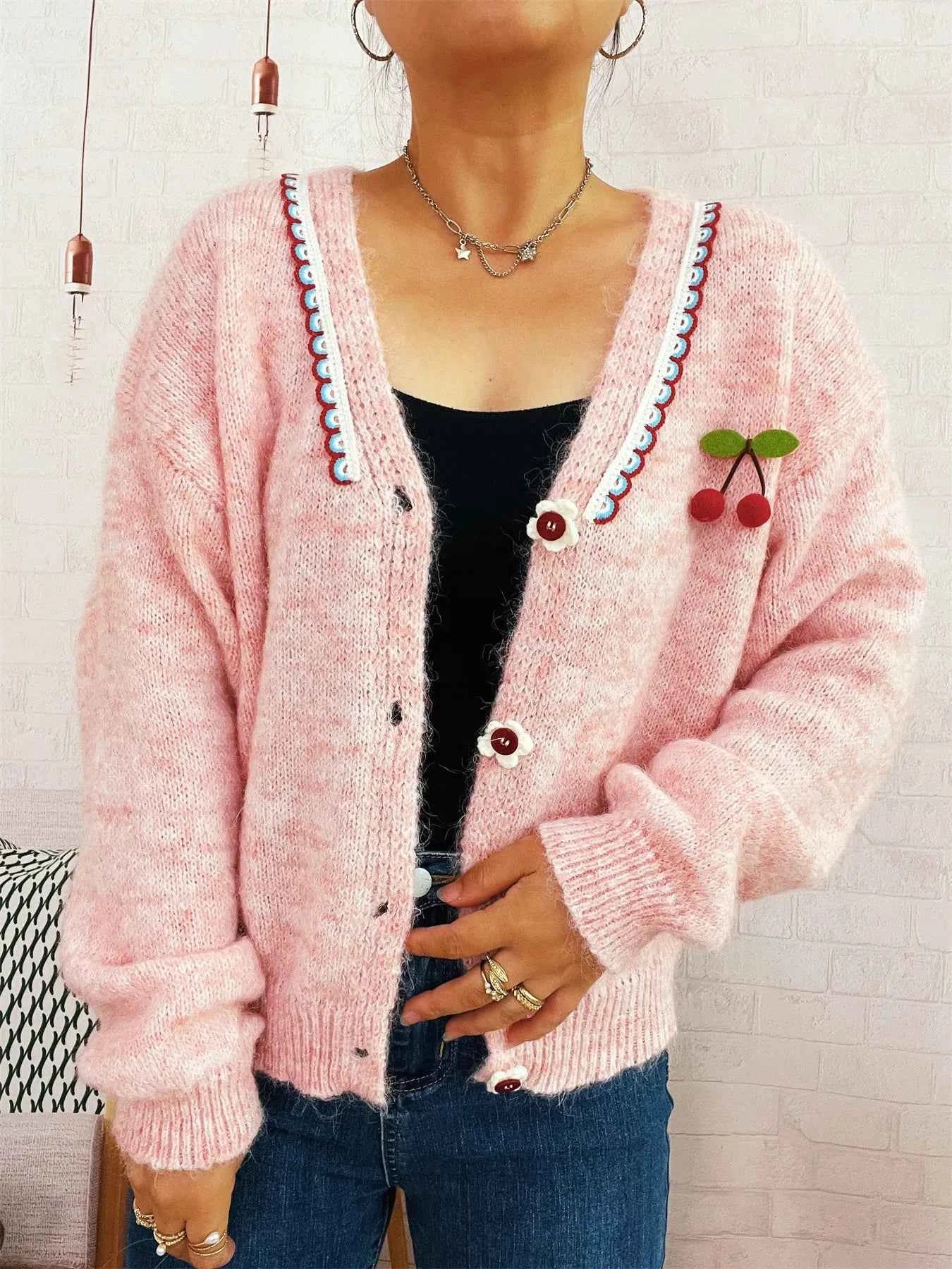 Cherry Button-Front Long Sleeve Cardigan Pink One Size dfb0fec524524ba580582d4441c745a3-Max-Origin