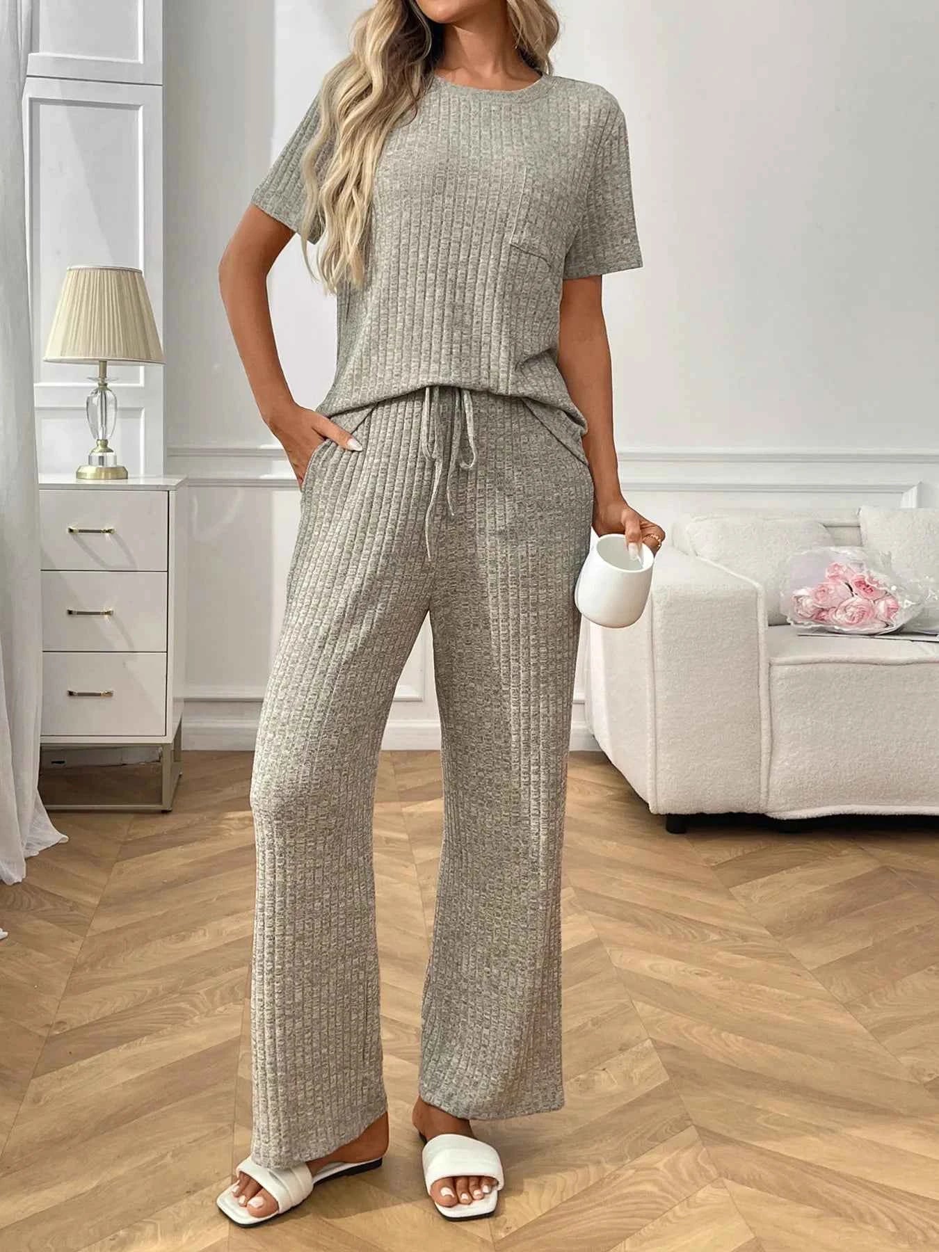Ribbed Knit Short Sleeve Top and Pants Lounge Set dfb8088f422f4d428925db2e268bc872-Max-Origin