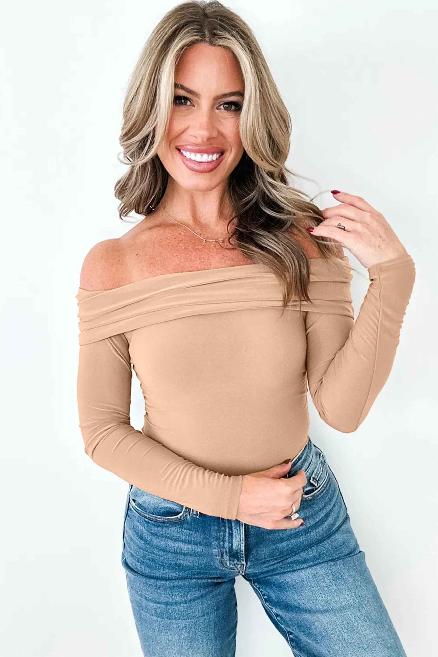 Smoke Gray Foldover Off Shoulder Long Sleeve Slim Top dfba664c27200644