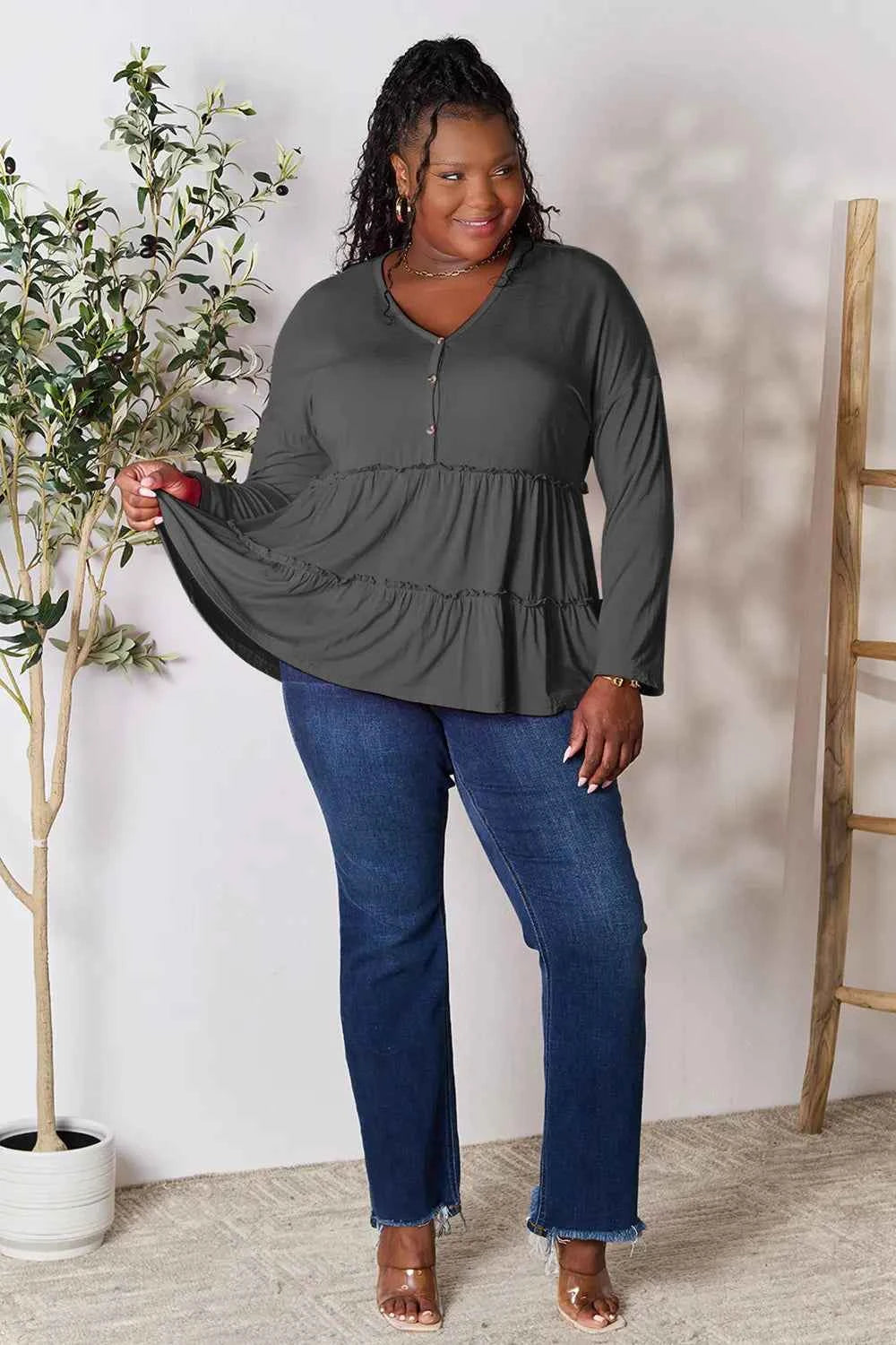 Double Take Half Button Long Sleeve Ruffle Hem Blouse dfc3c86bd13849c5946ff209c08e5de2-Max