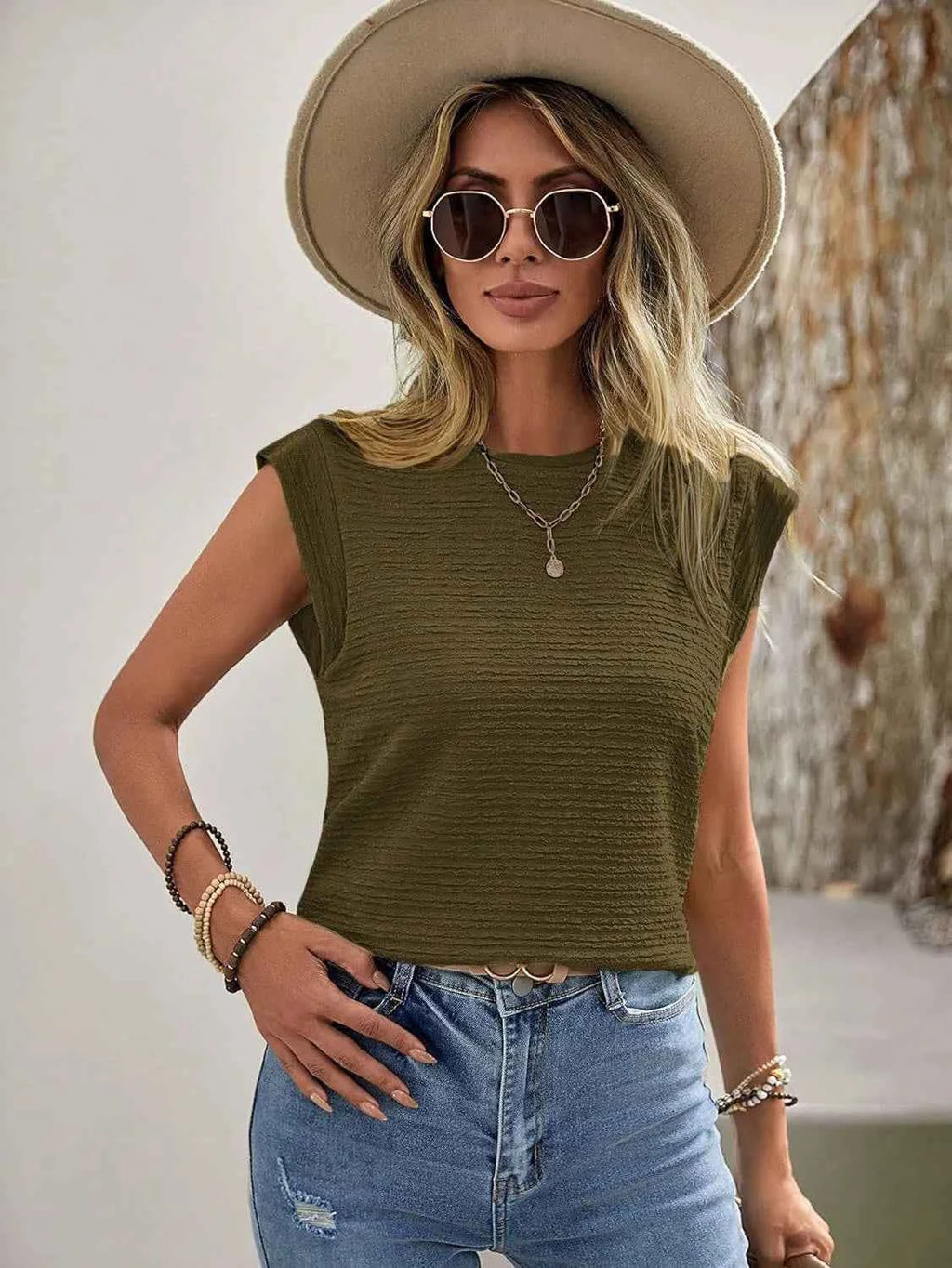 Textured Round Neck Cap Sleeve Top dfc3fa5f2ffd492d9c0df63ee79408b0-Max-Origin