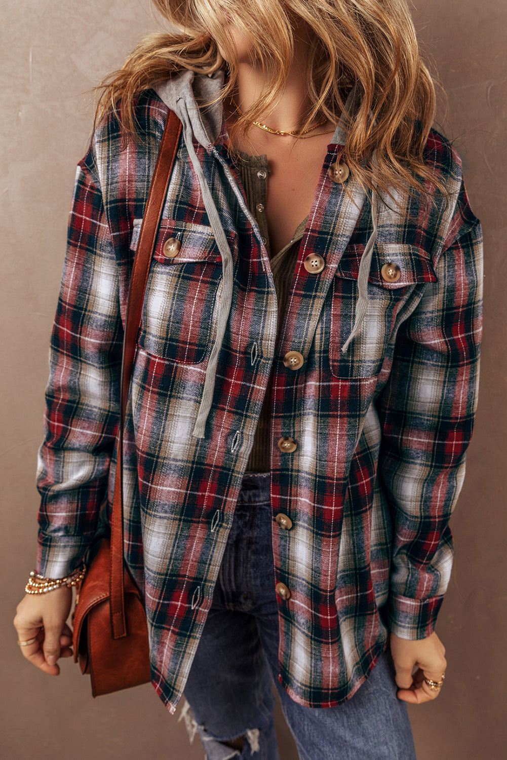 Red Plaid Print Chest Pocket Button Hooded Shacket dfc43924b7df8d1c