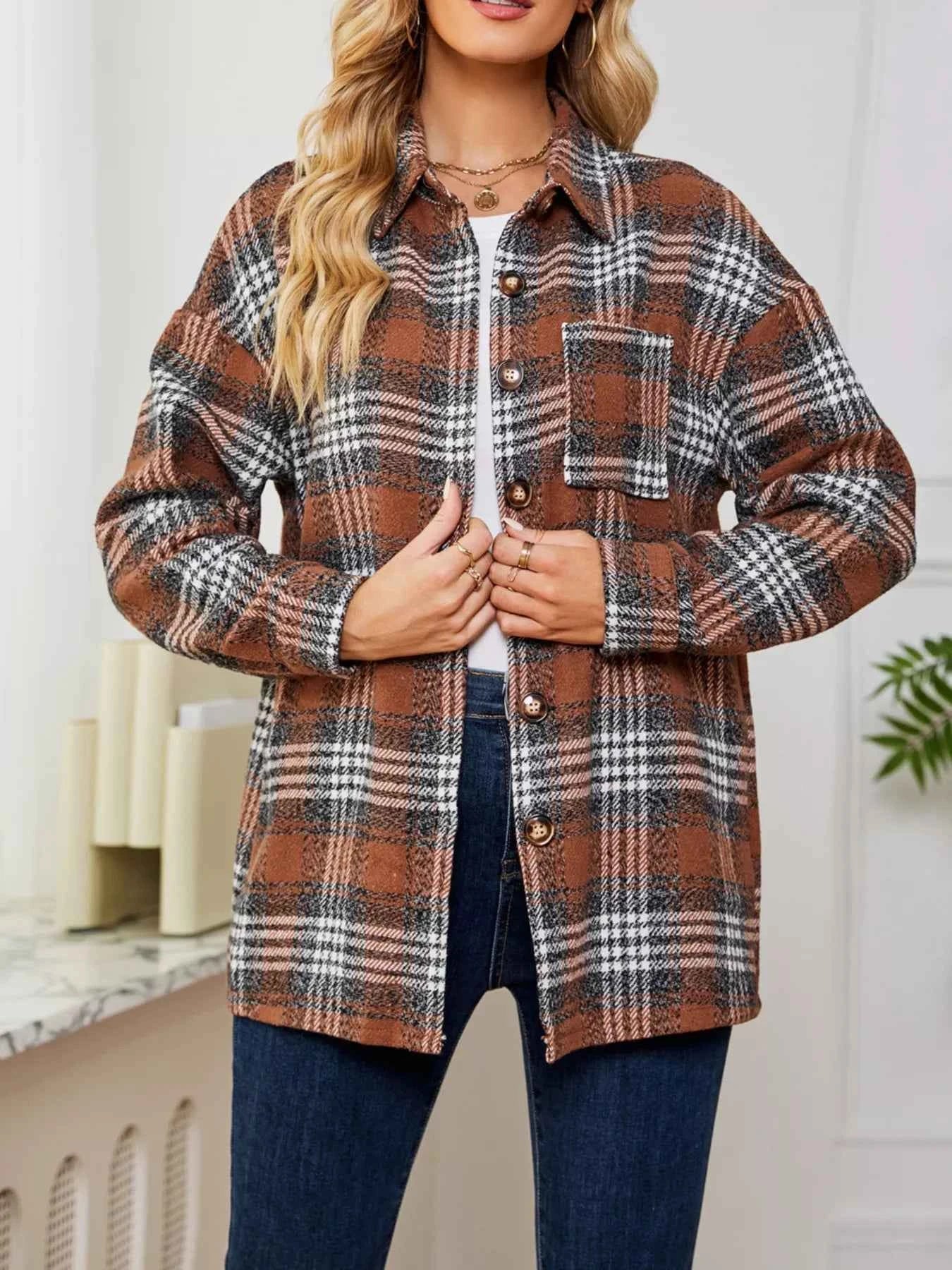 Plaid Button Up Long Sleeve Shacket dfc713a426c8448bb9f9a9a1c43f1ec9-Max-Origin