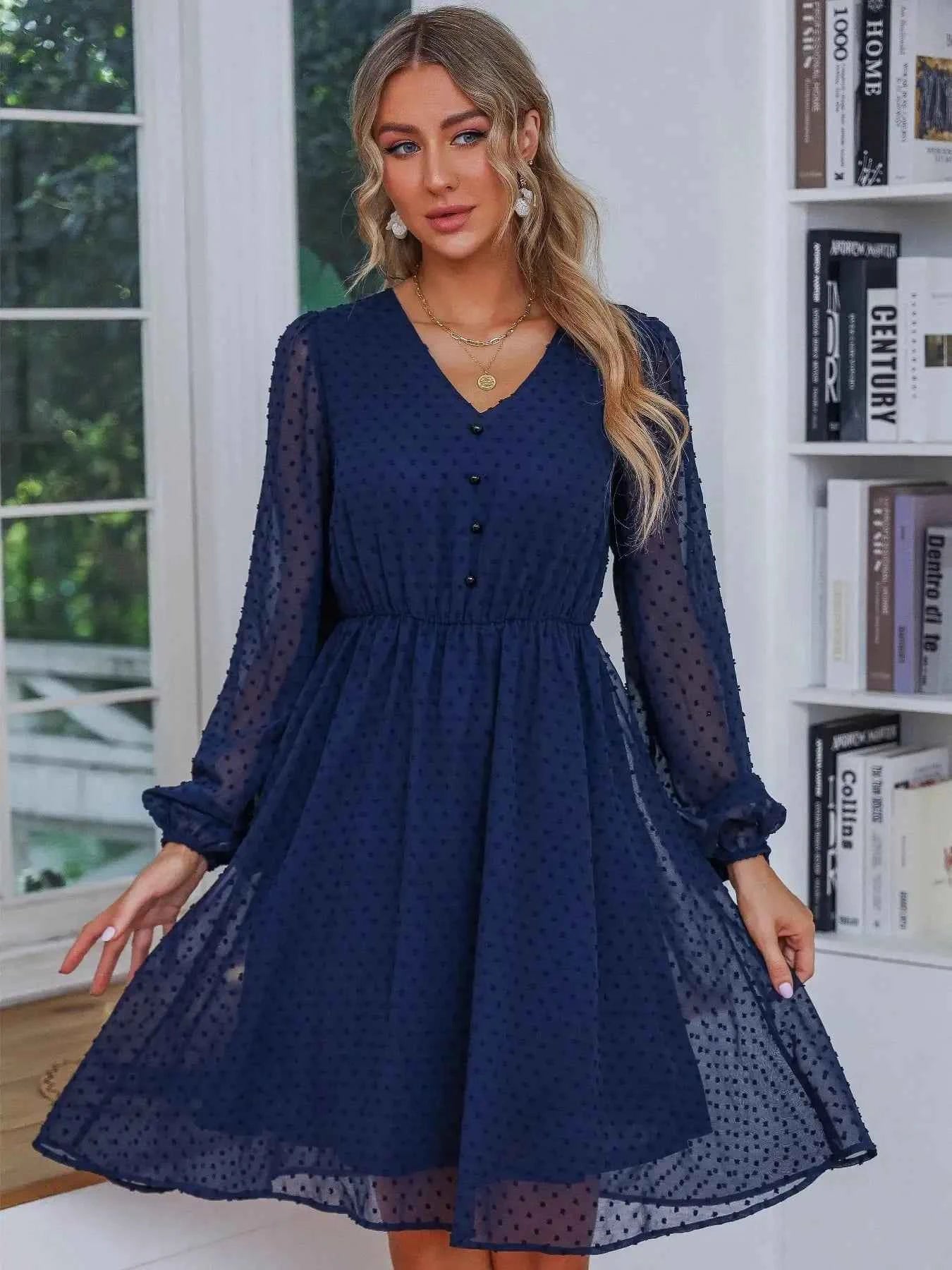 Swiss Dot V-Neck Balloon Sleeve Dress dfc81ea8-54c9-4408-8853-b15095838845-Max-Origin