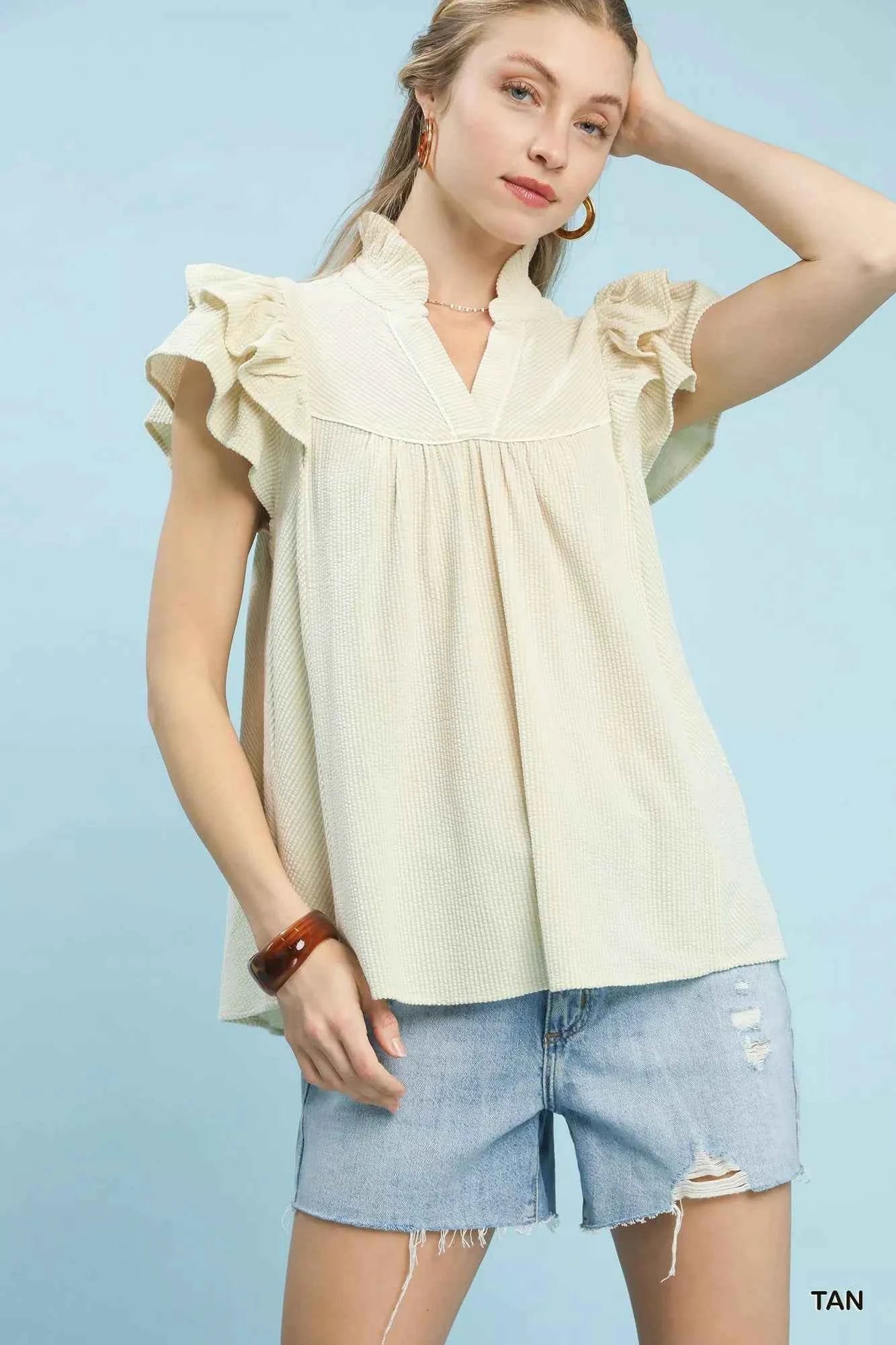 Umgee Ruffled Sleeve Textured Blouse TAN dfd1cd9d-2889-4516-a88a-fa81b1511d23-Max-Origin