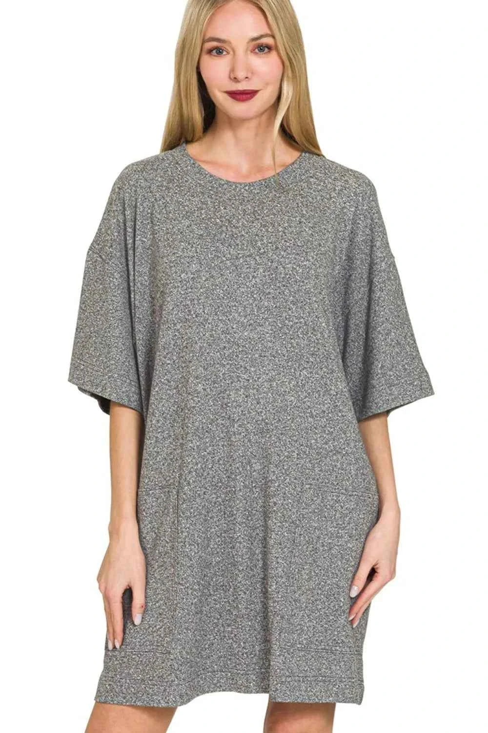Zenana Soft Melange Hacci T-shirts Dress BLACK dfd30c9d-f8b8-4b07-8fc3-b25439fc1408-Max-Origin