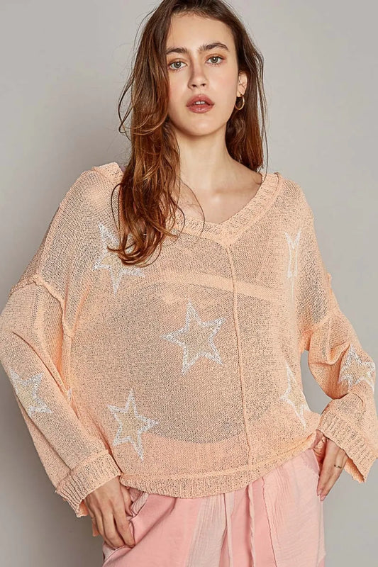 V-Neck Long Sleeve Star Print Knit Top dfd4a825-8557-44d8-bce3-18c6ecc97e4e-Max