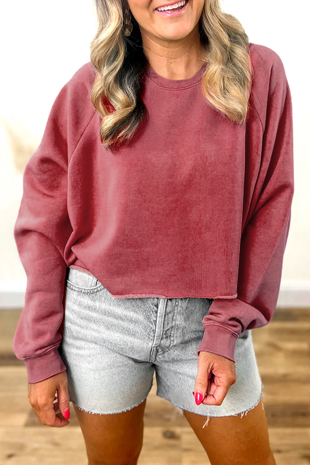 Racing Red Solid Color Raglan Sleeve Pullover Sweatshirt Racing Red 85%Cotton+15%Polyester dfd6269655293fa3