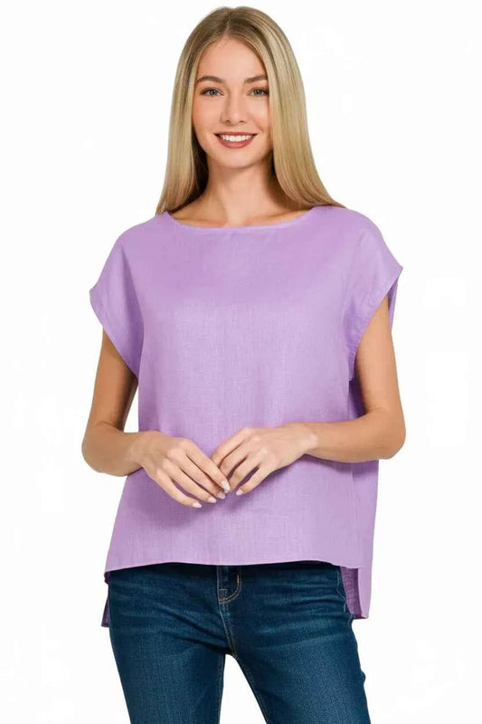 Linen Round Neck Cap Sleeve Top dfdbd8bf-db06-49c9-a7cf-344e052cab6d-Max-Origin