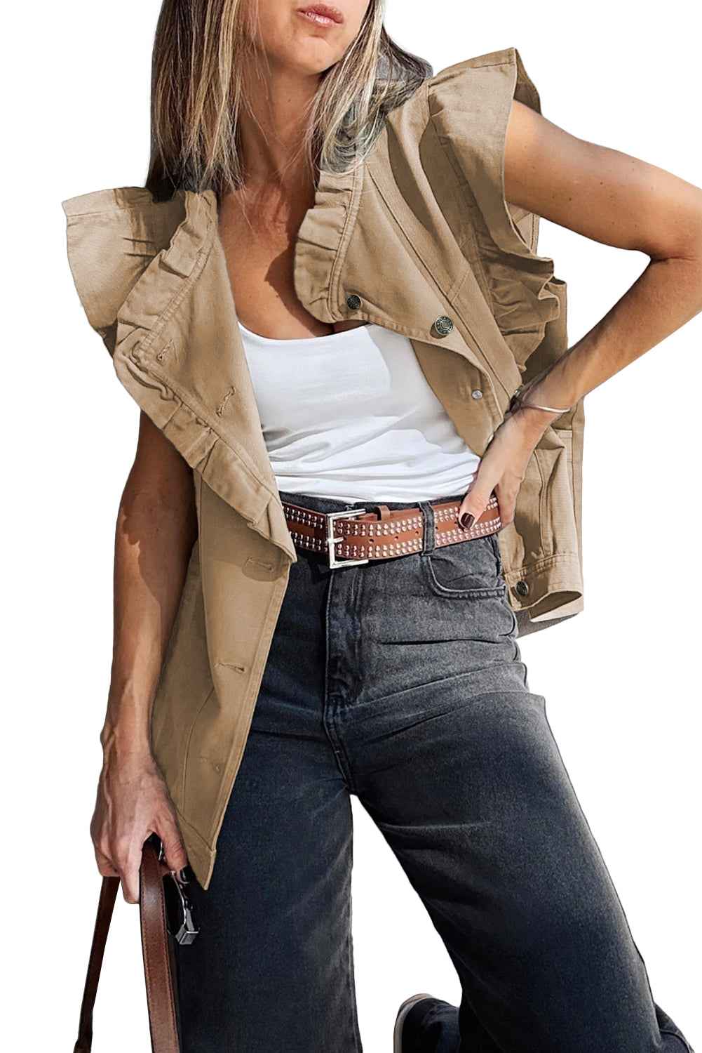 Pale Khaki Ruffle Plain Denim Jacket Vest dfdf82e90f49c5bd