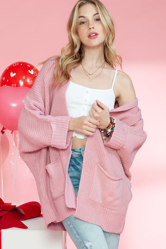 Pink Batwing Sleeve Pocket Oversized Cable Knit Cardigan dfe28d89c2224002
