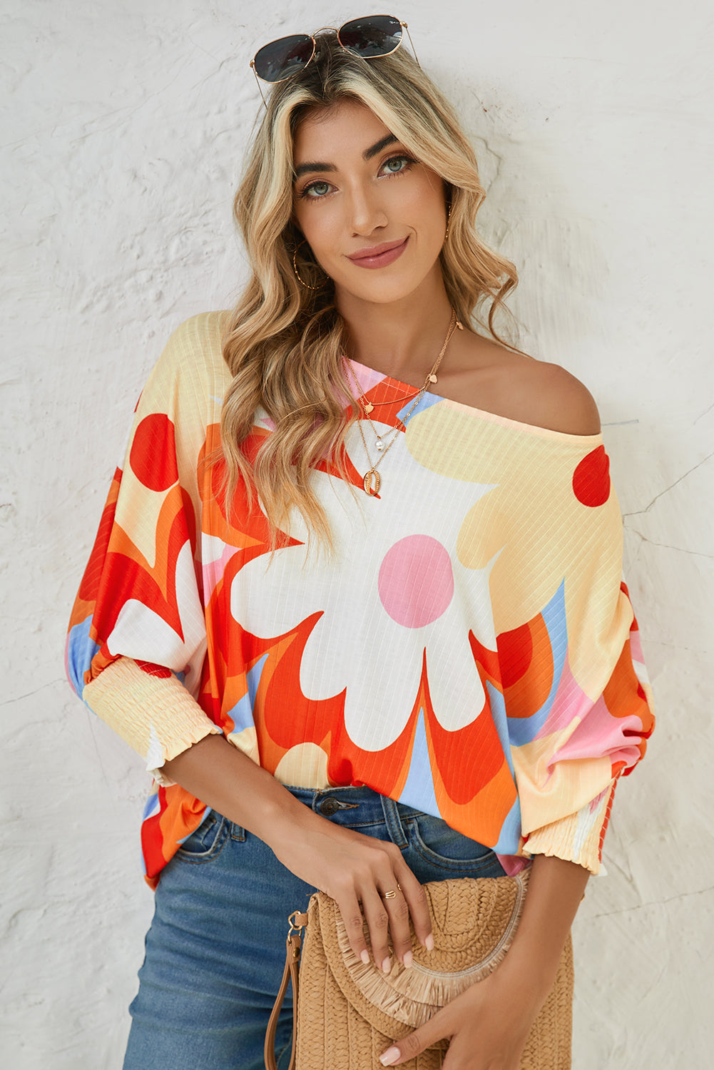Yellow Colorful Floral Print Ribbed Dolman Blouse Yellow dfe2fa029e28a008