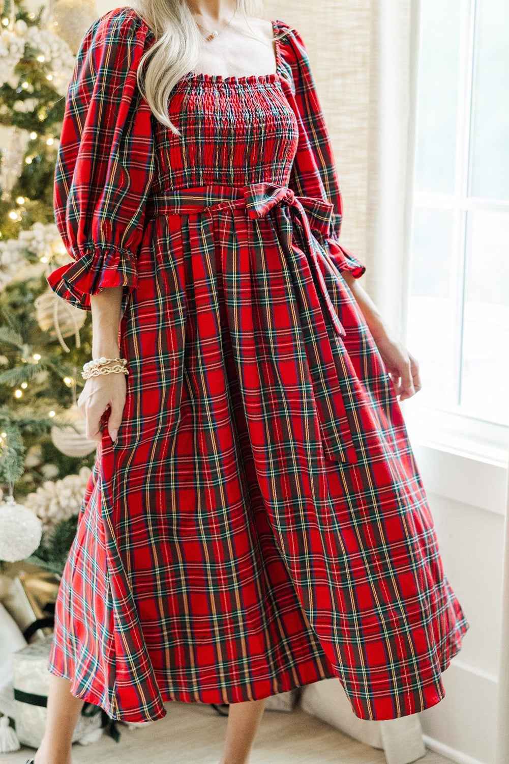 Red Plaid Square Neck Puff Sleeve Bowknot Waist Flared Midi Dress dfef2ec18ff84af3