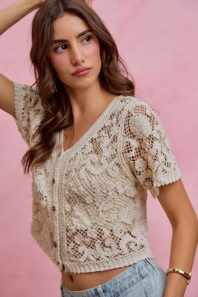 SO ME Floral Crochet Lace Button Down Cardigan dff0853259d14d20971eaa06c9c31e8d-Max
