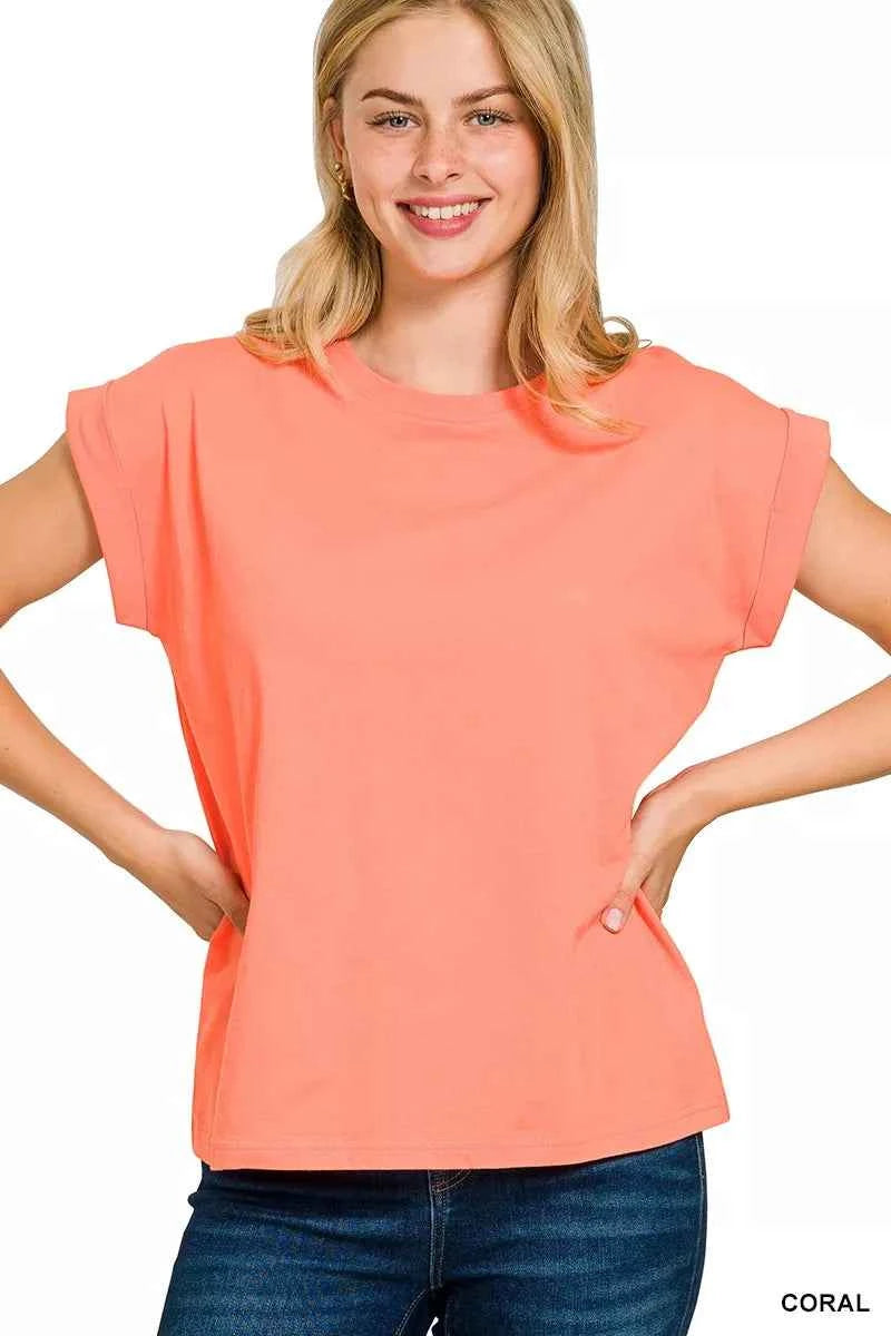 Zenana Round Neck Folded Short Sleeve T-Shirt CORAL dff8d5d3f11c46b9b2d75dded506a1fe-Max-Origin