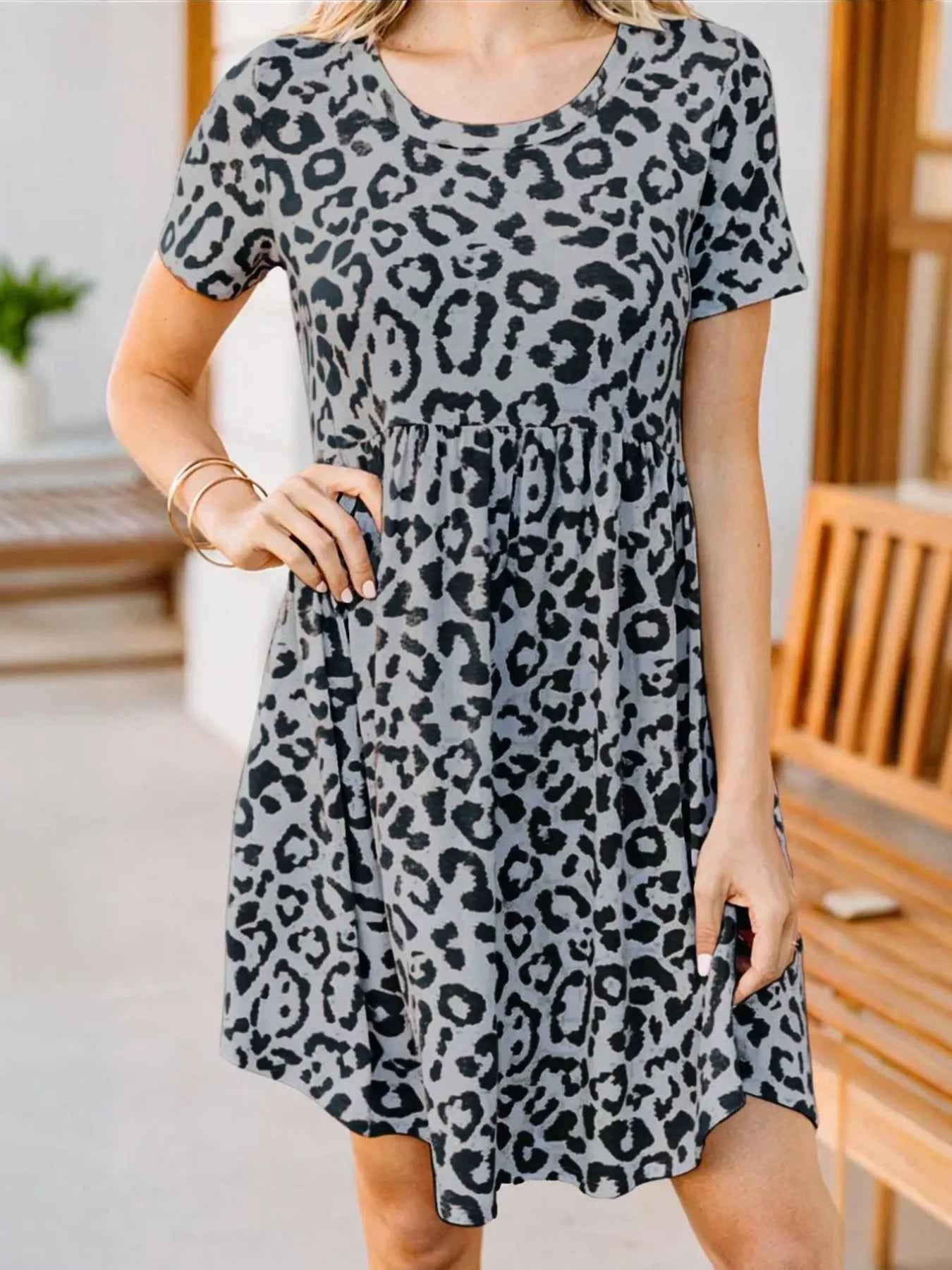 Leopard Print Short Sleeve Casual Dress Dark Gray e0031b0b-8600-49c7-9c34-7b370ebc9ea0-Max-Origin